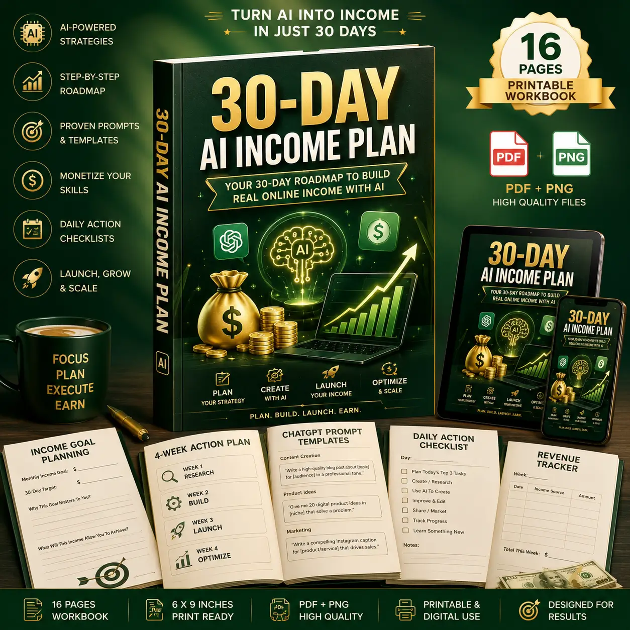 30-Day AI Income Plan | AI Side Hustle Workbook | ChatGPT Business Planner | Digital Income Guide PDF